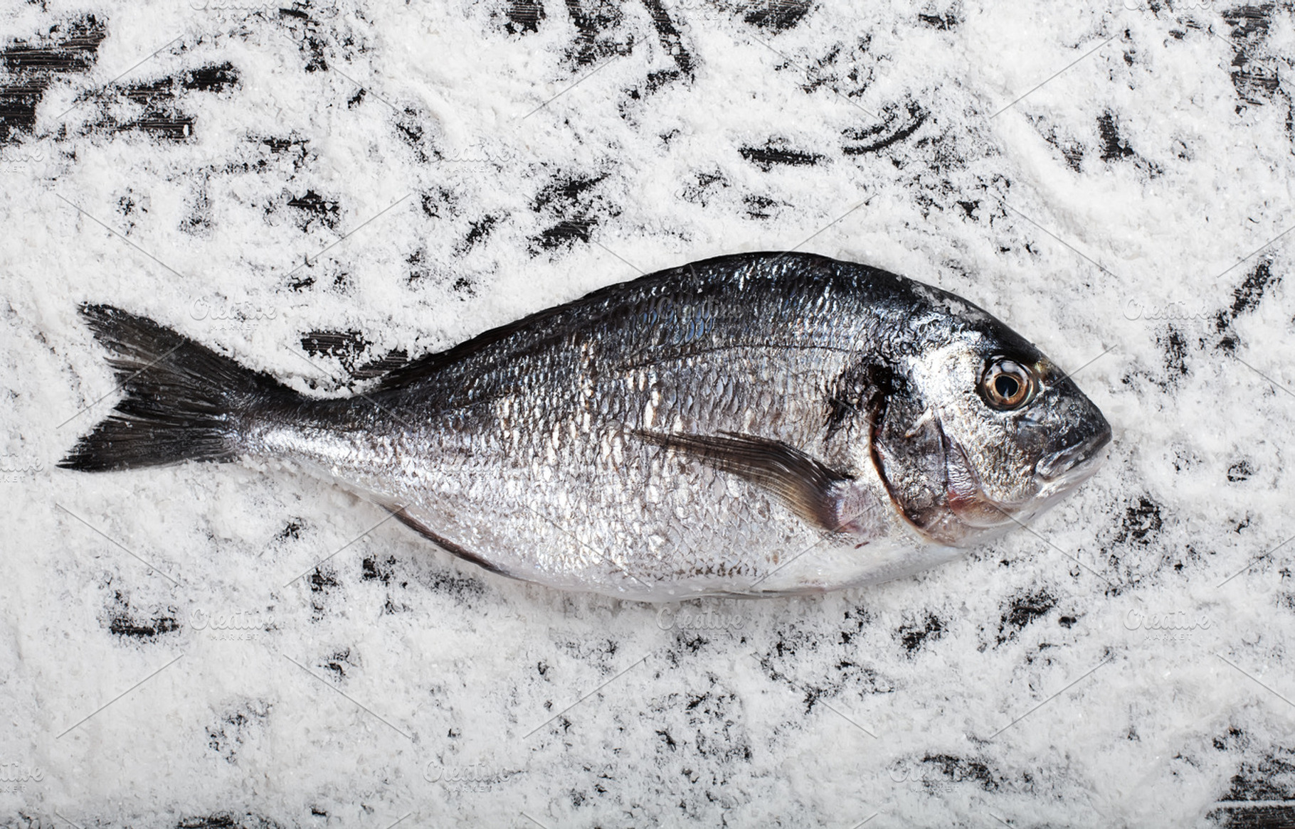 Fresh Dorado Fish On Salt And Dark Wooden Background Stock Photo Containing