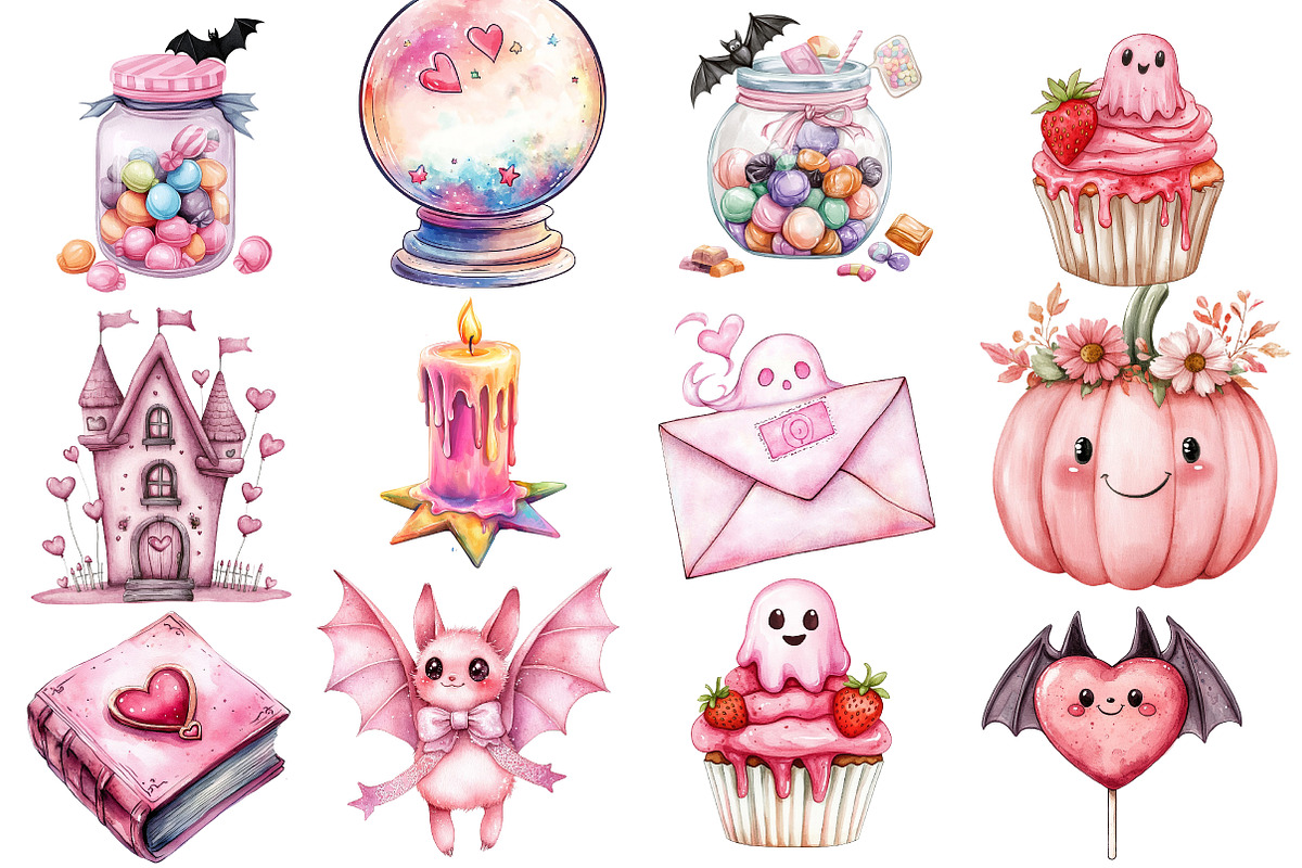 Charm Pink Halloween Clipart, an Illustration by Watercolor design (Photo 2 of 5)