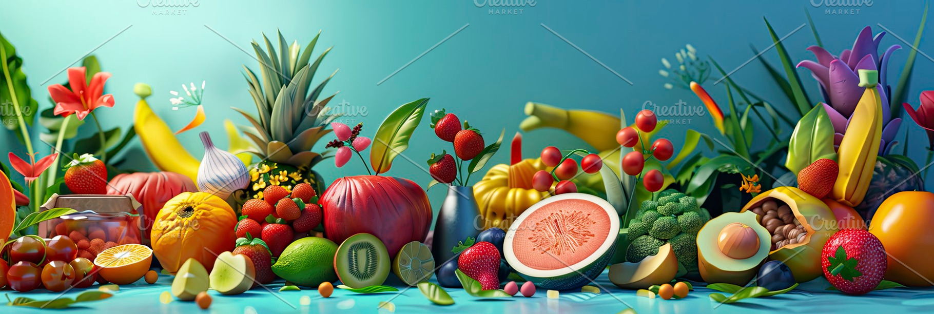 An array of colorful fruits and vege, a Photo by LOGOCREATIVE