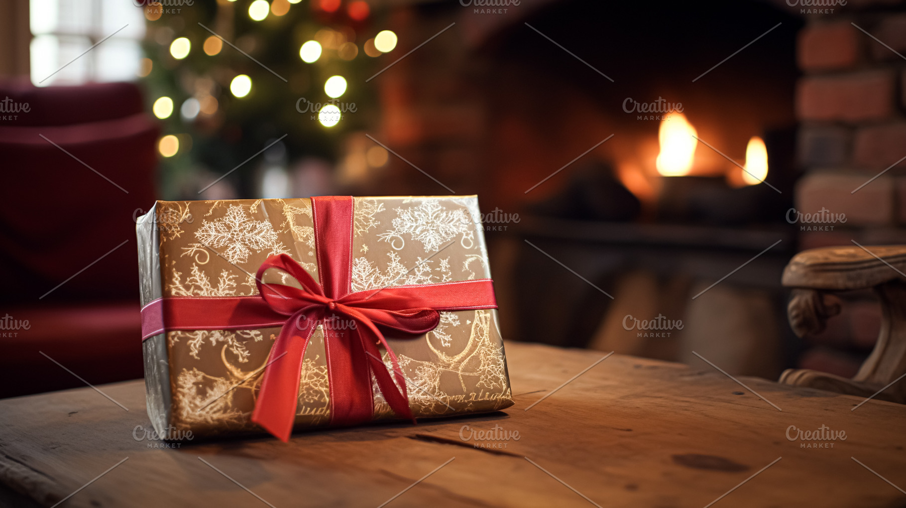 Christmas gift box near cosy fireplace in the English country co, a Photo by Anneleven