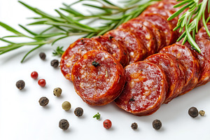 Sliced spicy chorizo sausage, a Photo by Pavel_design