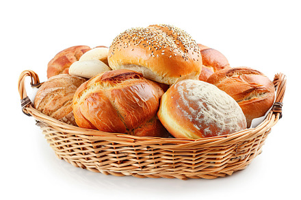 Freshly different baked bread in basket isolated on white backgr, a Food & Drink Photo by AlyaAnd