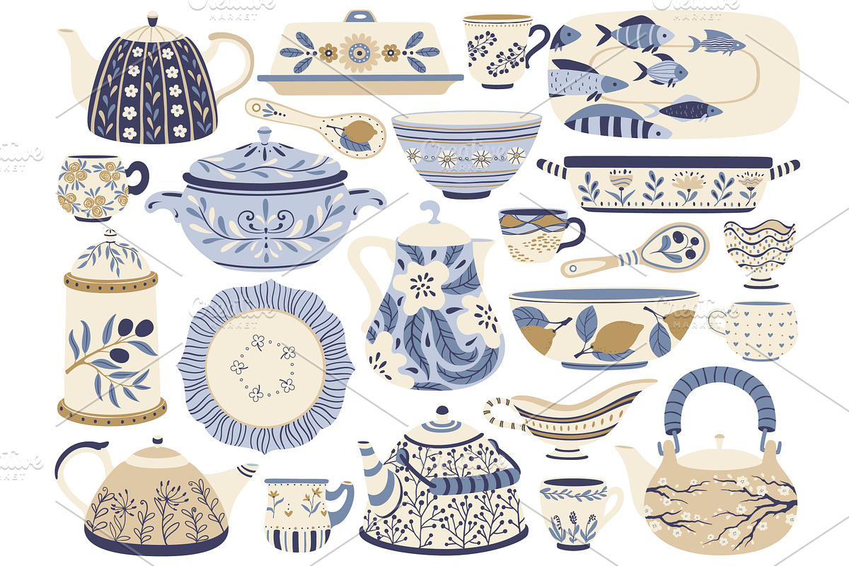 Ceramic pottery. Porcelain teapots, a Decorative Illustration by Frogella