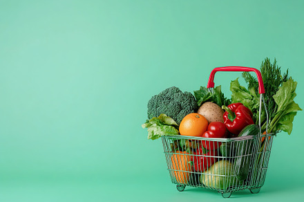 Shopping basket full of different grocery products on mint background, a Food & Drink Photo by AlyaAnd