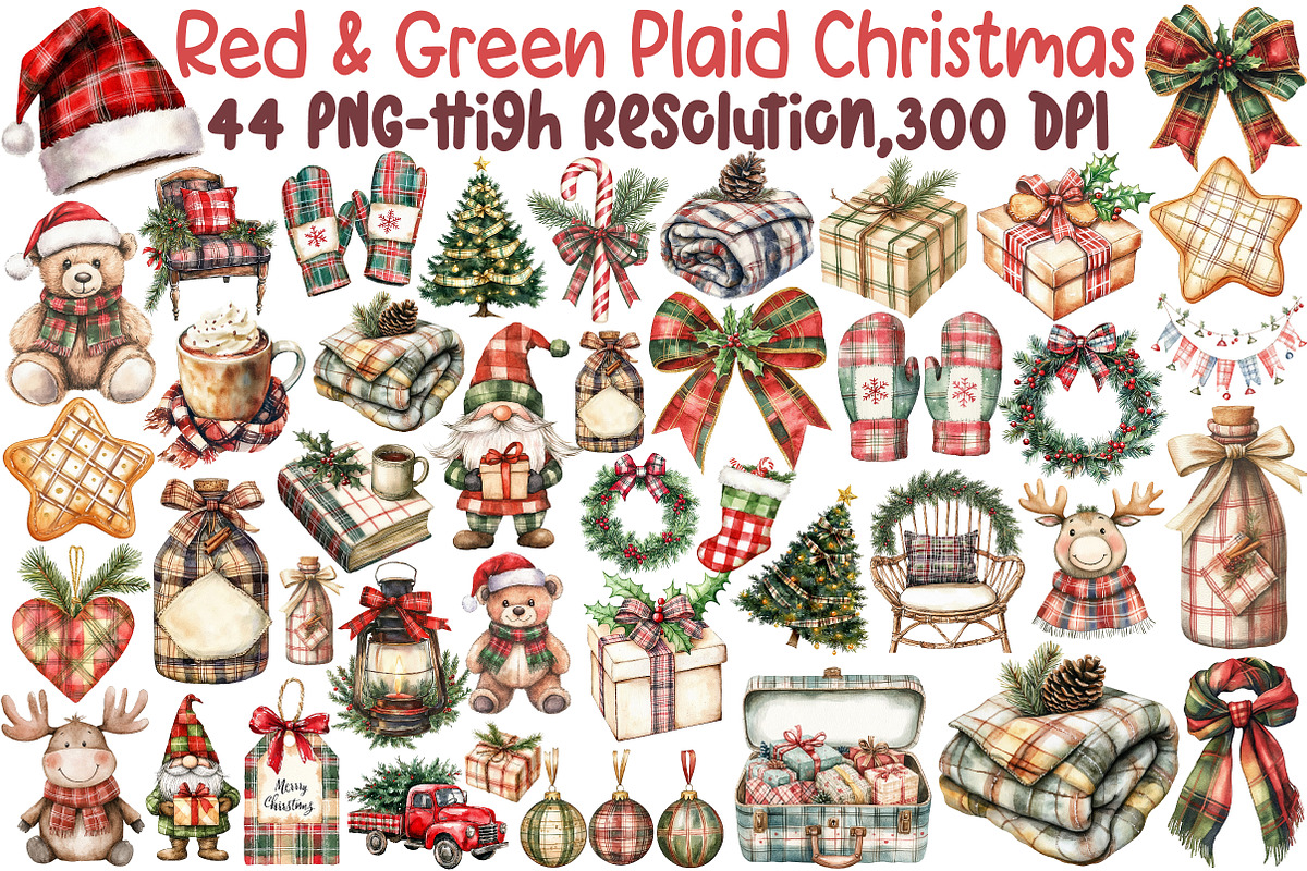 Red & Green Plaid Christmas Clipart, an Illustration by Sublimation Artist (Photo 1 of 6)