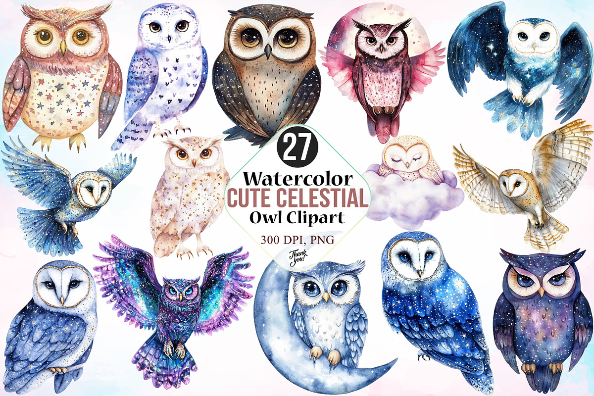 Watercolor Cute Celestial Owl Clipar, an Illustration by Canvas Craft (Photo 1 of 3)