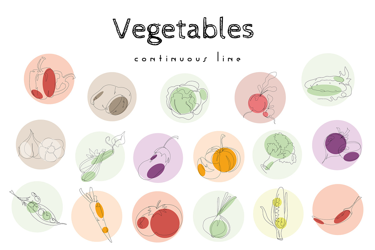Vegetables in continuous line SET, a Food Illustration by WildStrawberry Magic (Photo 1 of 4)