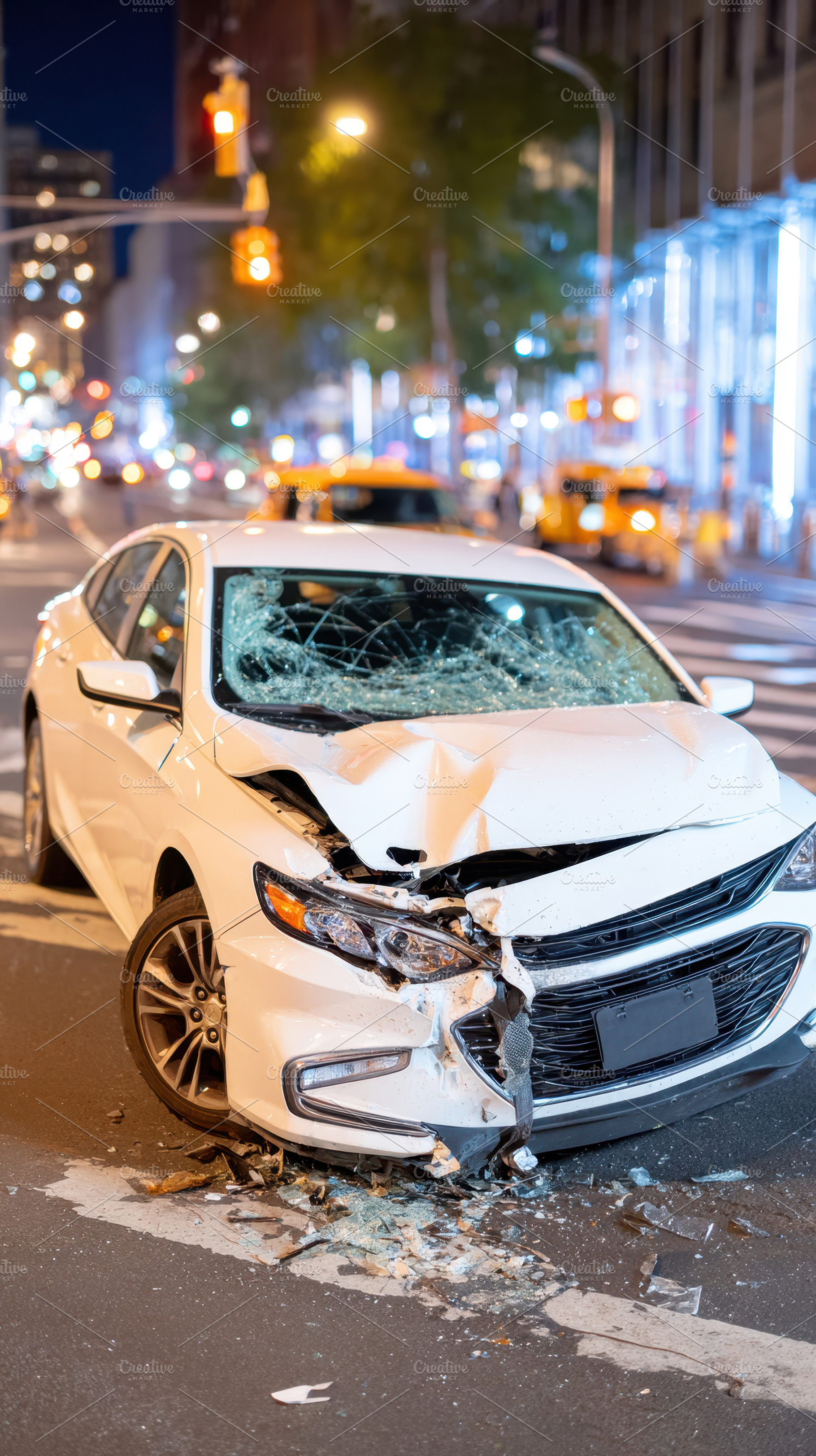 Damaged white car in city at night, a Transportation Photo by AlyaAnd