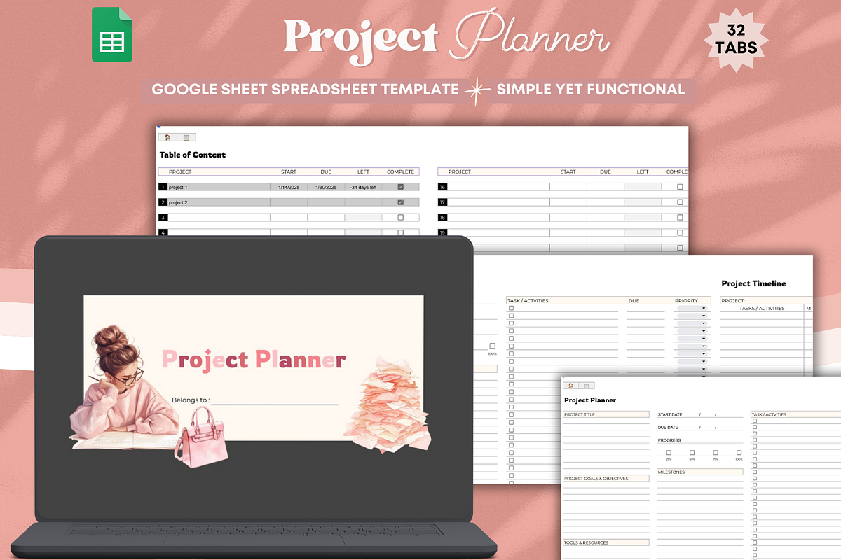 Spreadsheet Simple Project Planner, a Templates & Theme by bellaROSEworkshop (Photo 1 of 6)