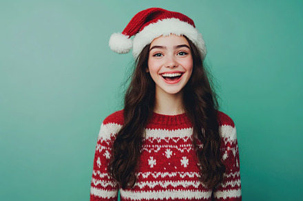 Cute young woman in knitted christmas sweater and santa hat, a Holiday Photo by AlyaAnd