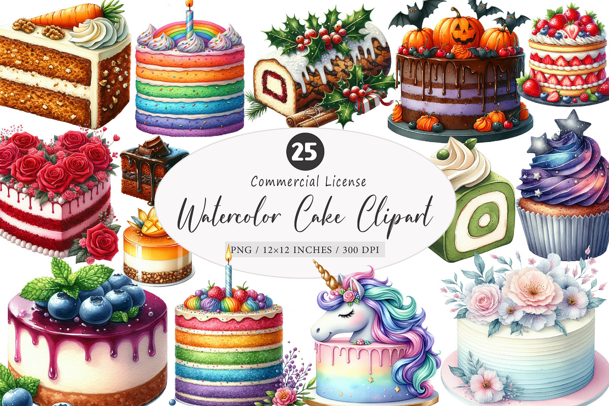 Watercolor Cake Clipart PNG, an Illustration by SinaCreation (Photo 1 of 5)