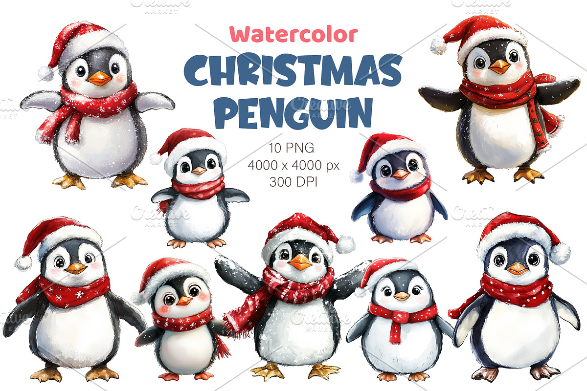 Christmas Penguin. Watercolor PNG., an Animal Illustration by KENO Mascots (Photo 1 of 8)