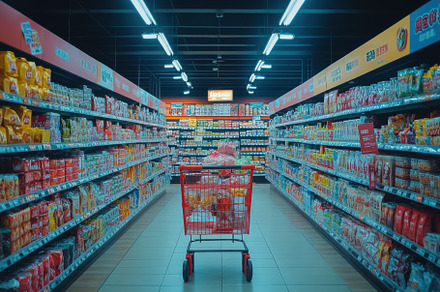 Red shopping cart in supermarket ais, a Background Photo by Pixeness