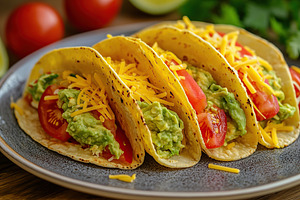 Vegetarian tacos with guacamole, cheese and tomatoes on a plate, a Food & Drink Photo by AlyaAnd