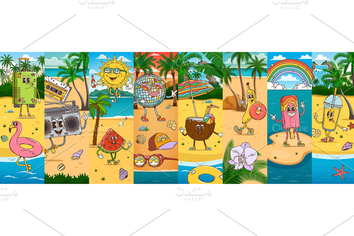 Cartoon groovy travel characters, a Food Illustration by Vector Tradition