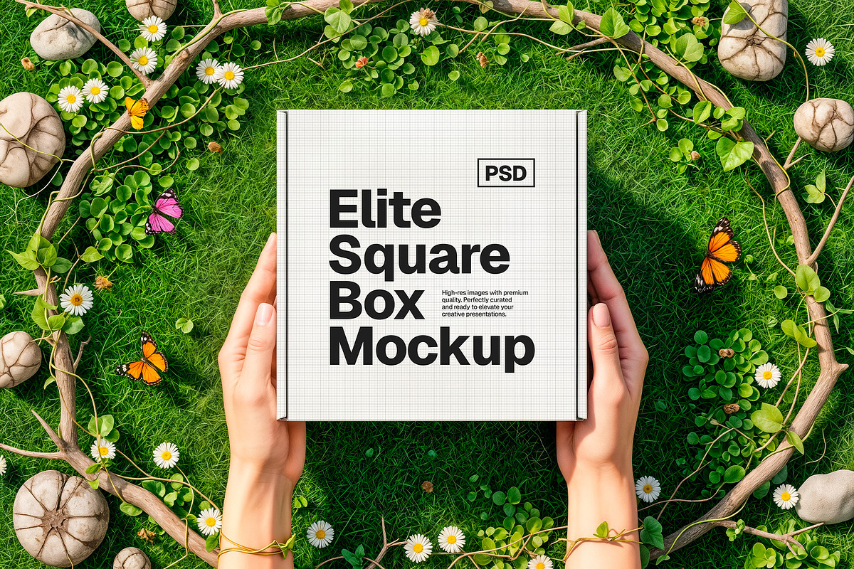 Square Box Packaging Mockup & Hands, a Packaging Mockup by Elite Mockups (Photo 7 of 8)