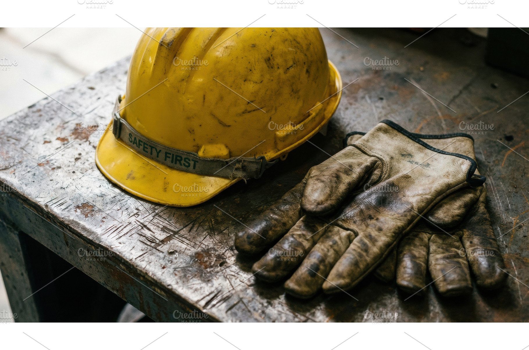 Worn yellow construction hard hat, an Industrial Photo by Igor Tichonow