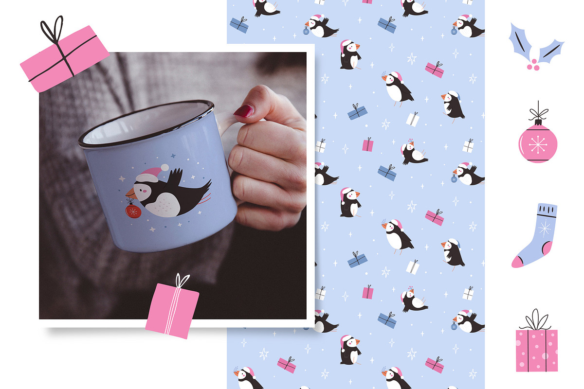 Christmas Puffins Clipart & Patterns, an Animal Illustration by danceyourlife (Photo 3 of 7)