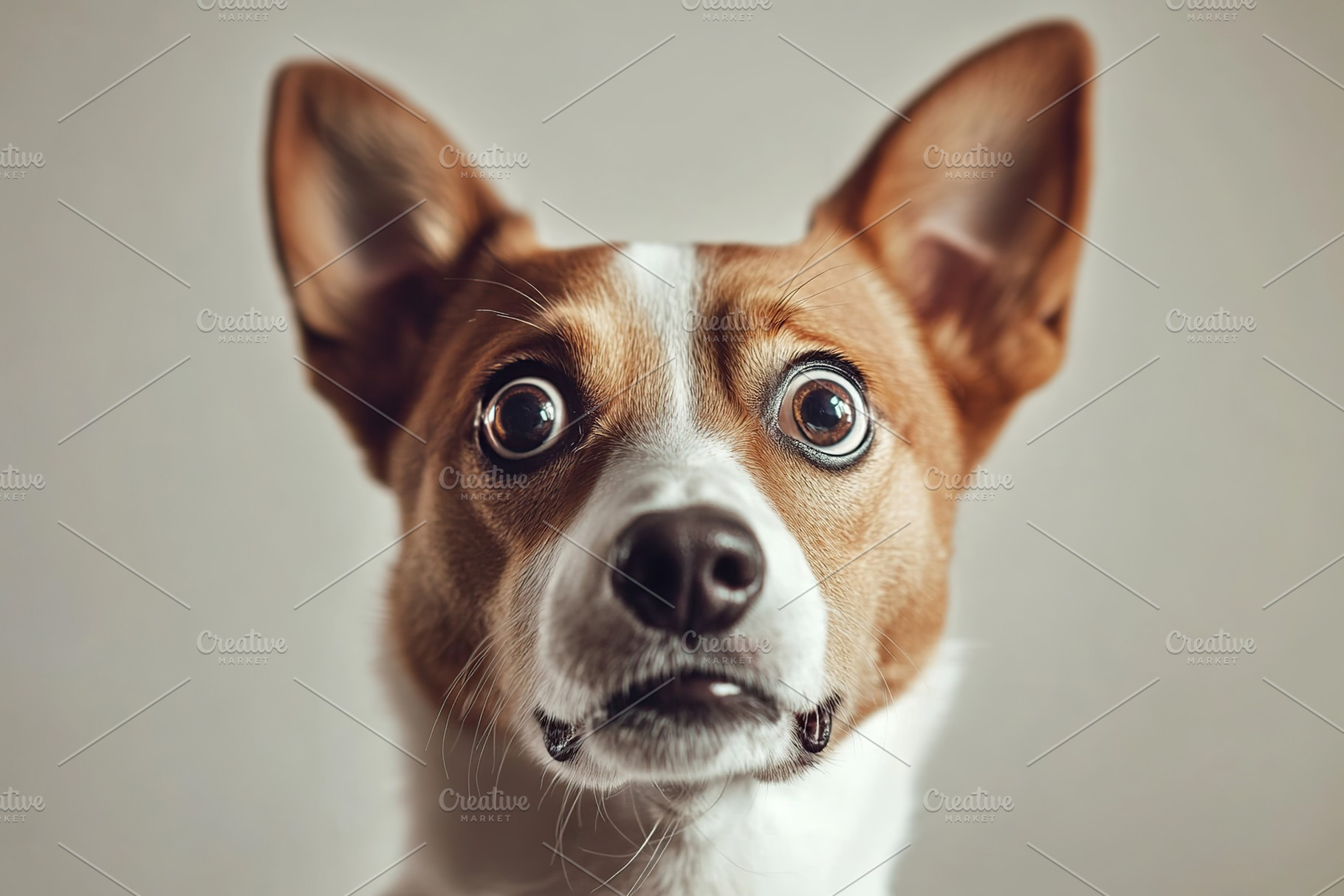 Dog with shocked eyes on grey background, an Animal Photo by AlyaAnd