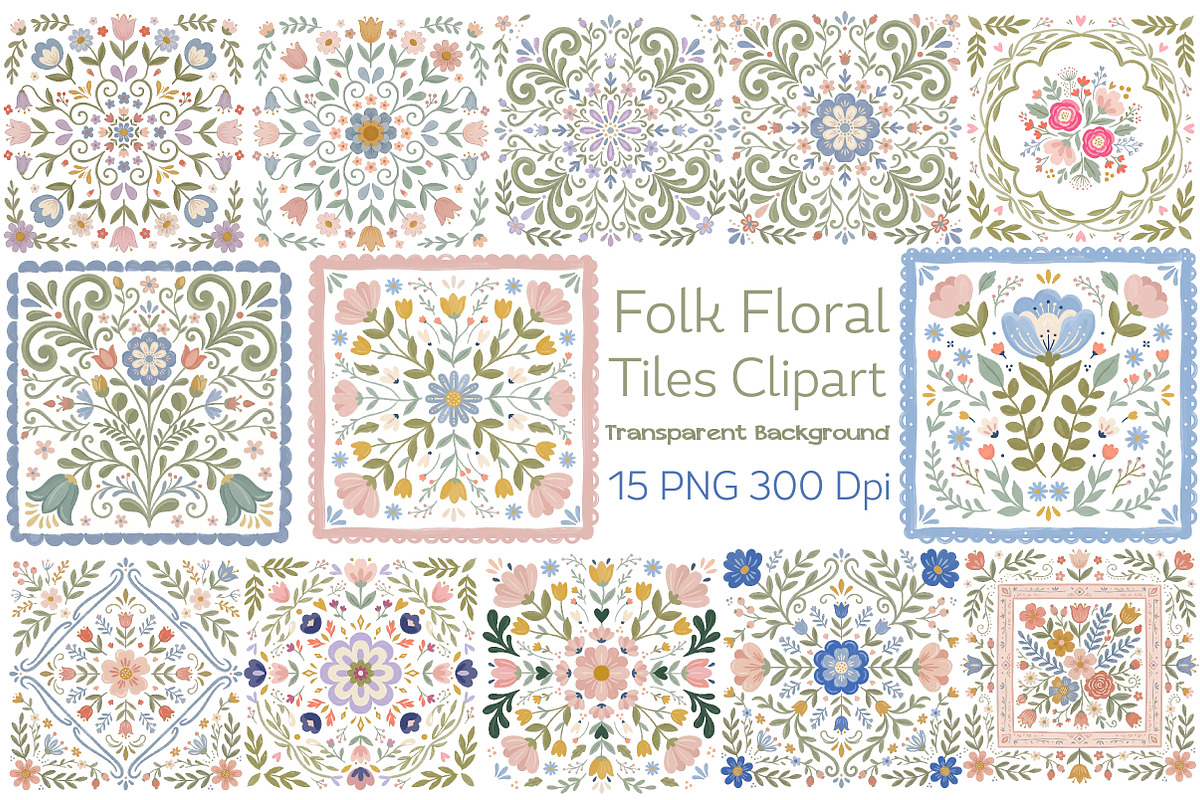 Folk Floral Tiles Clipart Set, a Work Illustration by CraftArtStudio (Photo 1 of 4)