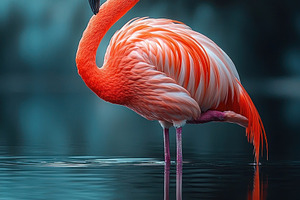 Flamingo standing on one leg in calm water with vibrant plumage, an Animal Photo by José Manuel Gelpi