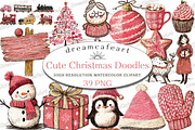 Cute Christmas Doodles Watercolor, an Illustration by DreamCafeArt (Thumbnail 1 of 7)