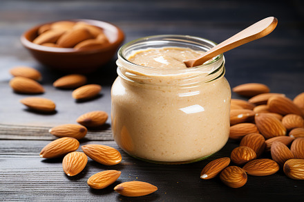 Glass jar of almond butter on wooden background, a Food & Drink Photo by AlyaAnd