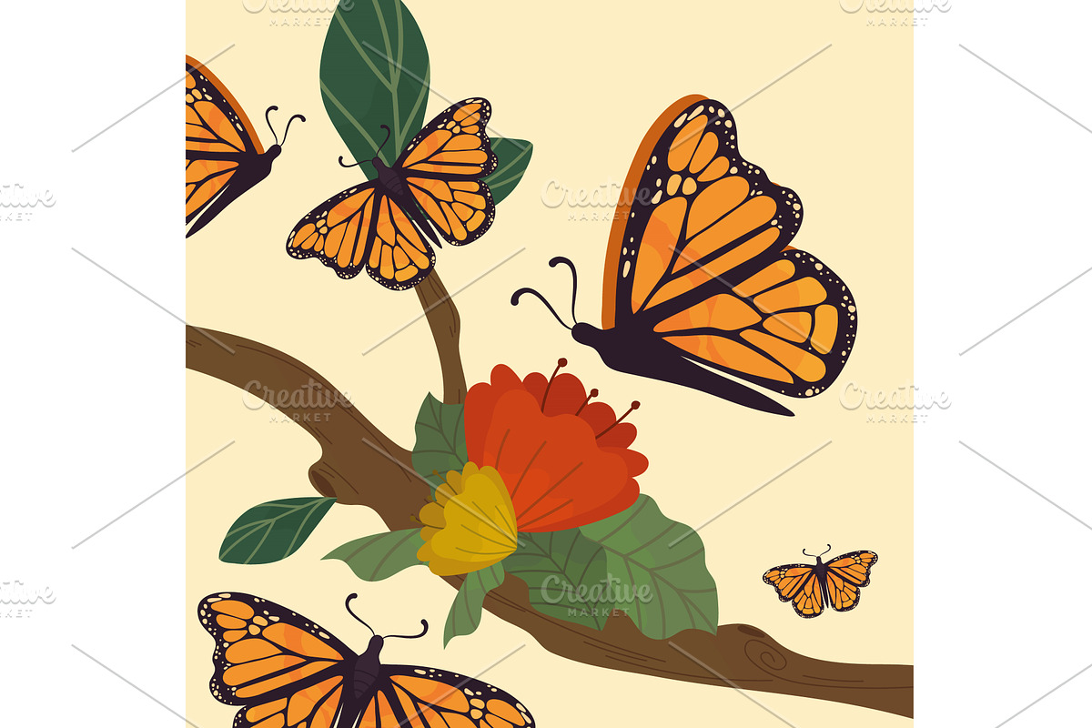 monarch butterflies with flowers, an Animal Illustration by studiogstock