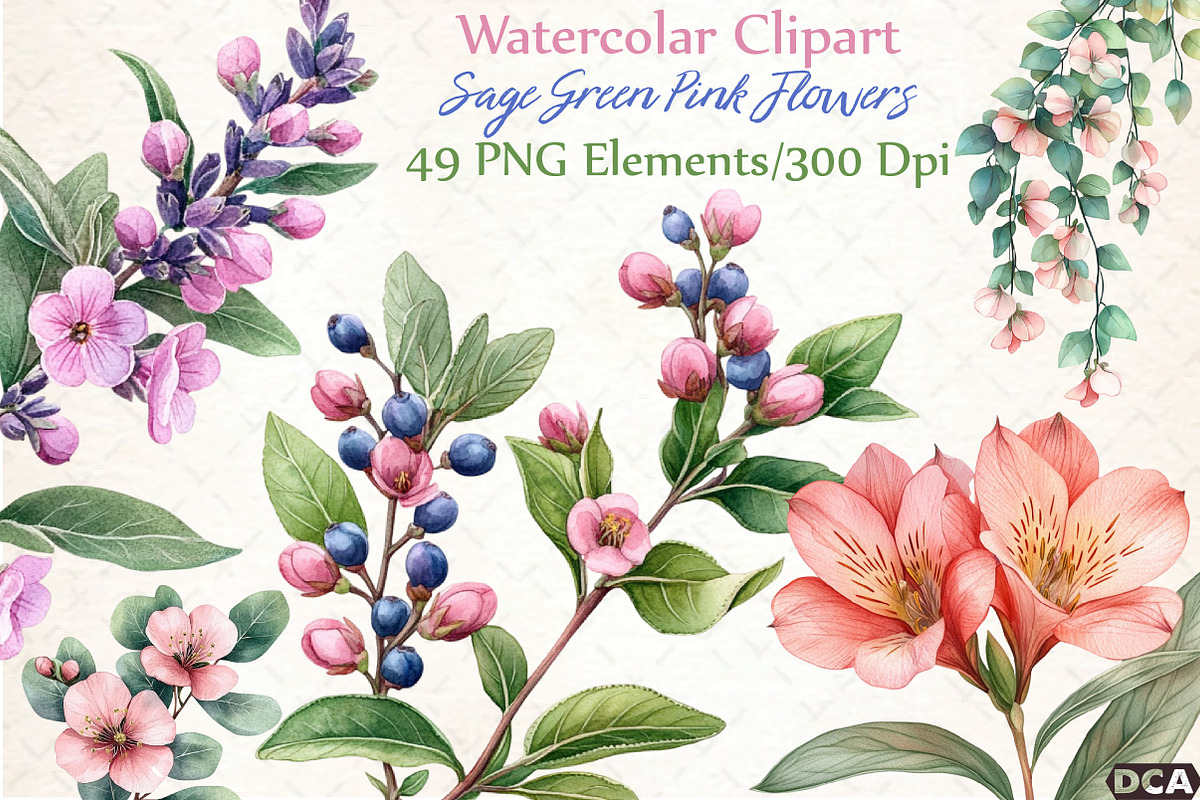 Sage Green Pink Flowers Clipart, an Illustration by DreamCafeArt (Photo 1 of 7)