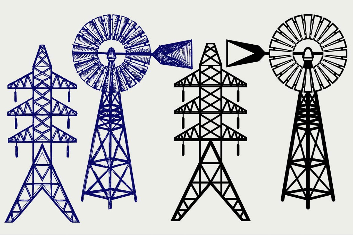 Windmill and electric pole SVG, an Outline Icon by LineworkStock