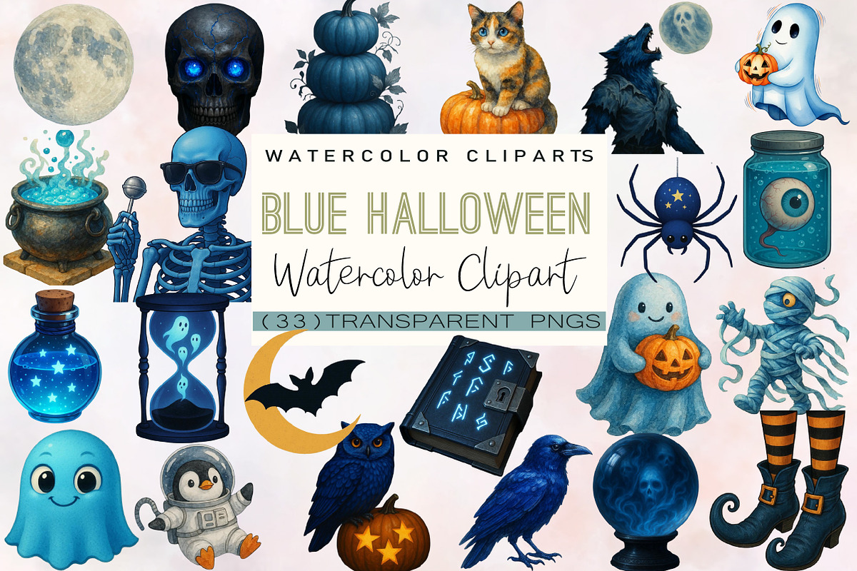 Blue Halloween Watercolor Clipart, an Illustration by SVGArt (Photo 1 of 8)