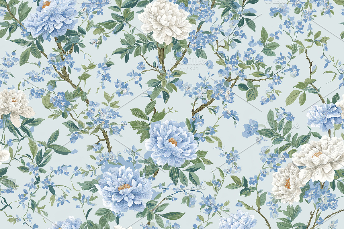 Seamless pattern, seamless chinoiserie pattern with blue peonies, a Pattern Graphic by Studio ANNA