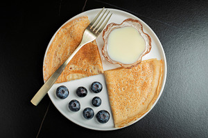 Pancakes with blueberry and honey on a white plate, a Food & Drink Photo by Budarinphoto