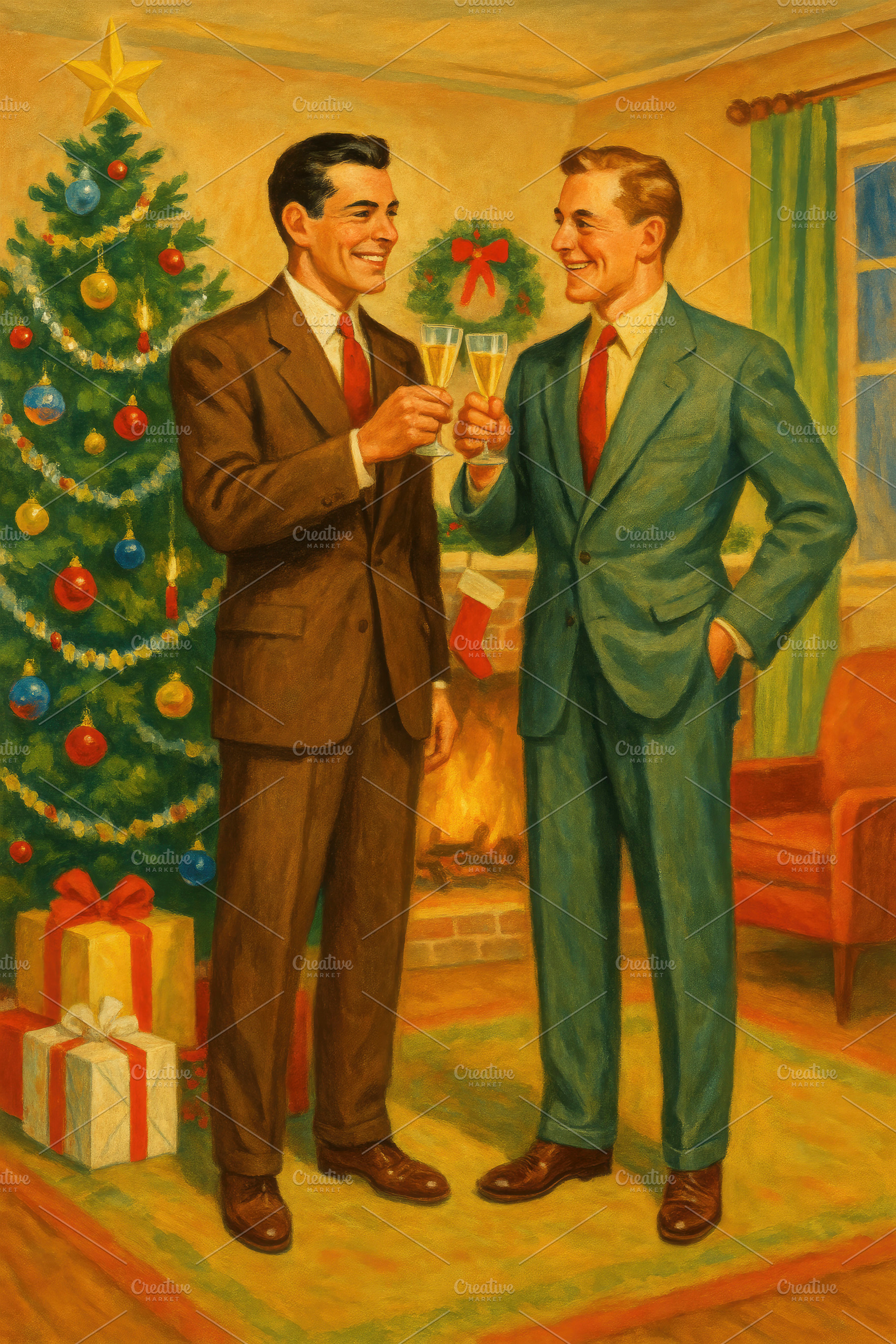 vintage men toasting at christmas, generative AI, a Photo by Nito