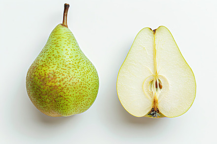 Green pear and pear half isolated on white background, a Food & Drink Photo by AlyaAnd