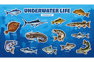 Sketch sea fish stickers, fishing, an Animal Illustration by Vector Tradition