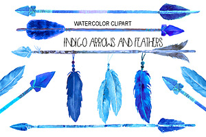 Watercolor Indigo Arrows & Feathers