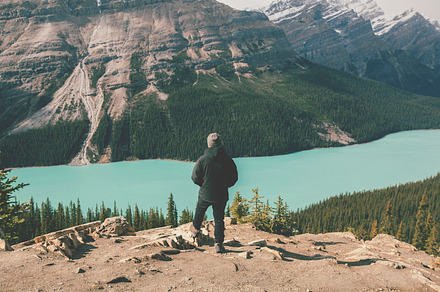 Hiking in the mountains featuring hiking, mountains, and lake