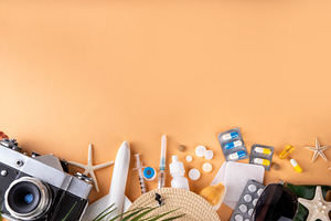 Summer holiday travel background including medications and vacat, a Health & Medical Photo by Rimma