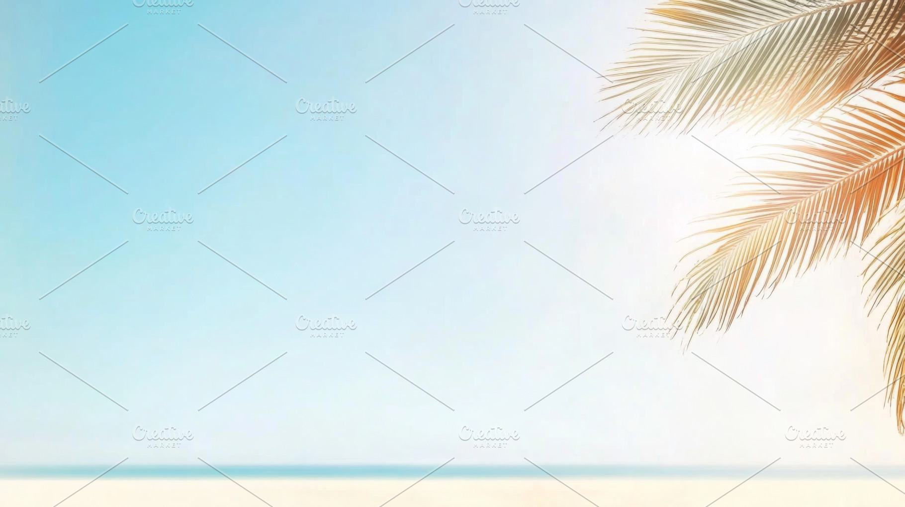 Blue clear sky background of tropical beach with palm leaves, co, a Photo by Dvoevnore photos