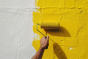 Female hand holding roller brush with yellow paint on the wall, an Arts & Entertainment Photo by AlyaAnd