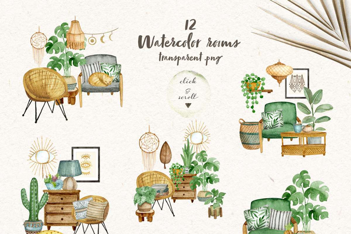 Boho Home. Watercolor interior set, an Object Graphic by JuliaBadeeva (Photo 5 of 6)