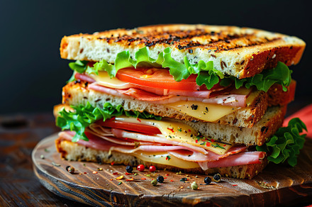 Toast sandwich with cheese, turkey ham, tomato and fresh lettuce on wooden back, a Food & Drink Photo by AlyaAnd