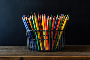 Wooden colorful rainbow pencils in basket on wooden table, a School & Education Photo by AlyaAnd