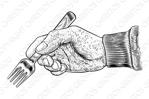 Hand With Food Eating Fork Vintage, a Food Illustration by Christos Georghiou