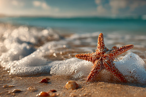Starfish on the Beach Ocean Waves Su, a Photo by Pixeness Studio