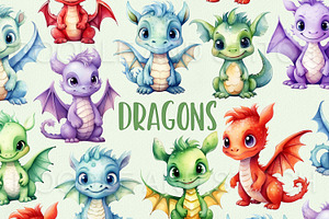 Cute Watercolor Dragon Illustrations