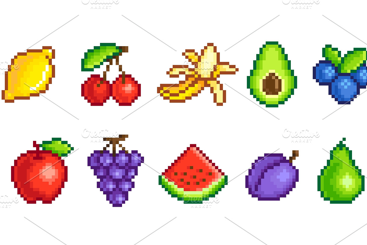 Pixel fruits. Pixelated icons fruit, a Food Illustration by LadadikArt (Photo 2 of 3)