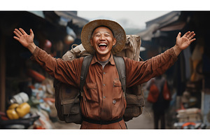 Elderly Asian man with a backpack, a Nature Photo by Sergey Kotenev