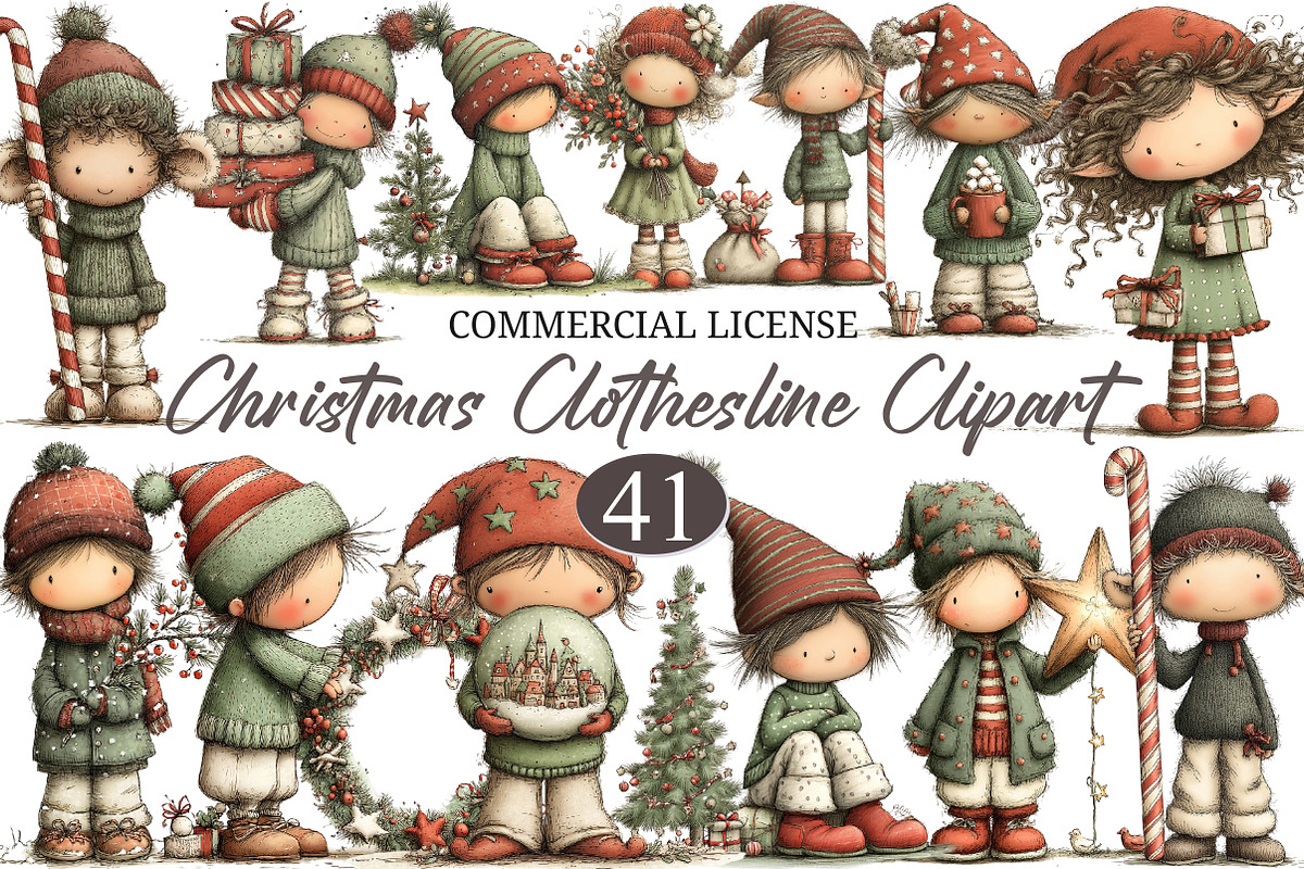 Whimsical Cute Christmas Elf Clipart, a Seasonal Illustration by designcity5 (Photo 1 of 5)